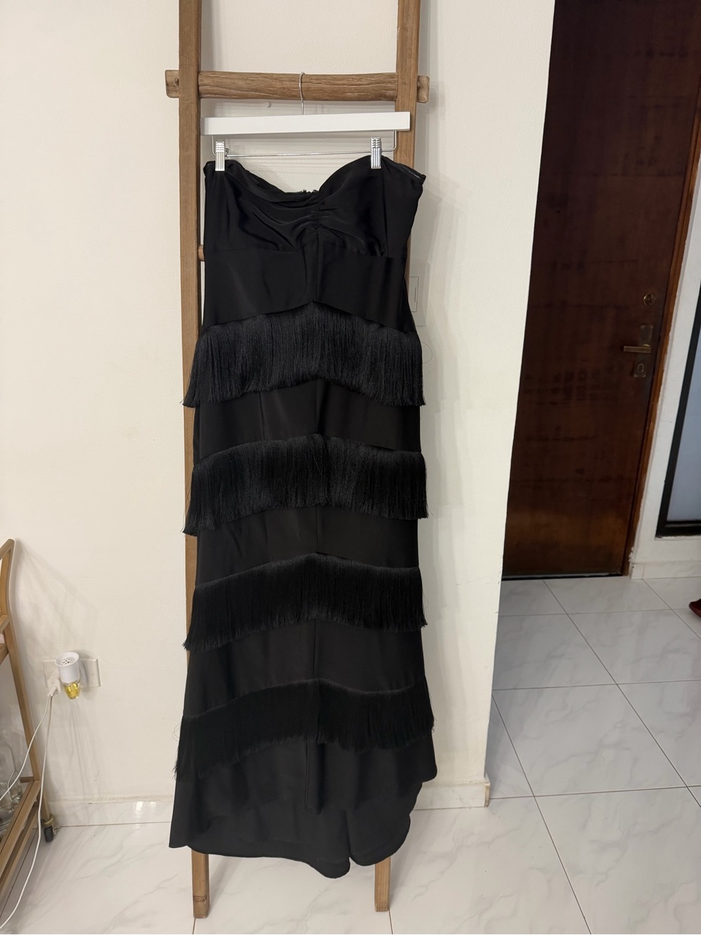 House of Harlow 1960 Black Strapless Fringe Maxi Dress